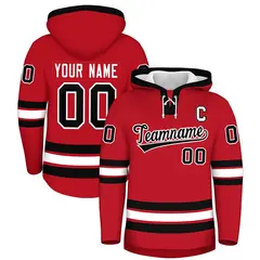 Red Black Lace-Up Neck Hockey Hoodie Classic Style 1