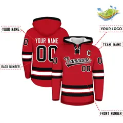Red Black Lace-Up Neck Hockey Hoodie Classic Style 2
