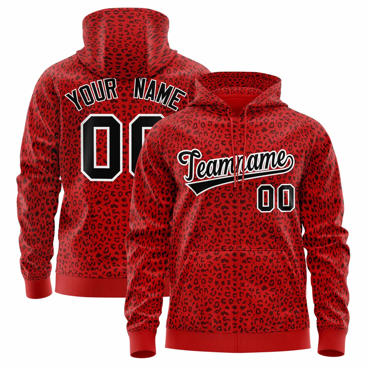 Red Black Leopard Print Varsity Full-Zip Letterman Jacket Hoodie