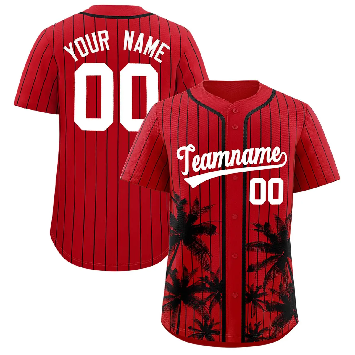 Red Black Pinstripe Coconut Tree Baseball Jersey