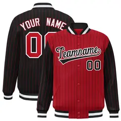 Red Black Pinstripe Raglan Sleeves Varsity Full-Snap Letterman Baseball Jacket
