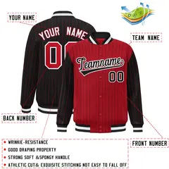 Red Black Pinstripe Raglan Sleeves Varsity Full-Snap Letterman Baseball Jacket 2