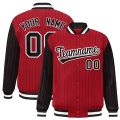 Red Black Pinstripe Raglan Sleeves Varsity Full-Snap Letterman Baseball Jacket 1