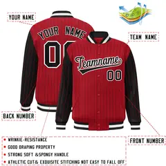 Red Black Pinstripe Raglan Sleeves Varsity Full-Snap Letterman Baseball Jacket 2