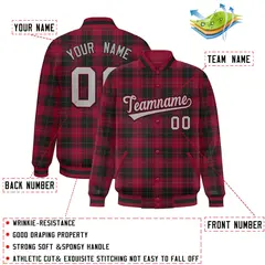 Red Black Plaid Varsity Letterman Baseball Jacket 2