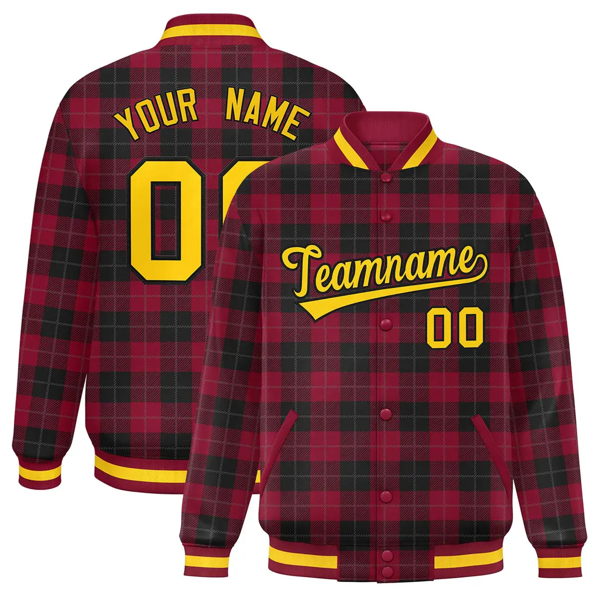 Red Black Plaid Varsity Letterman Baseball Jacket
