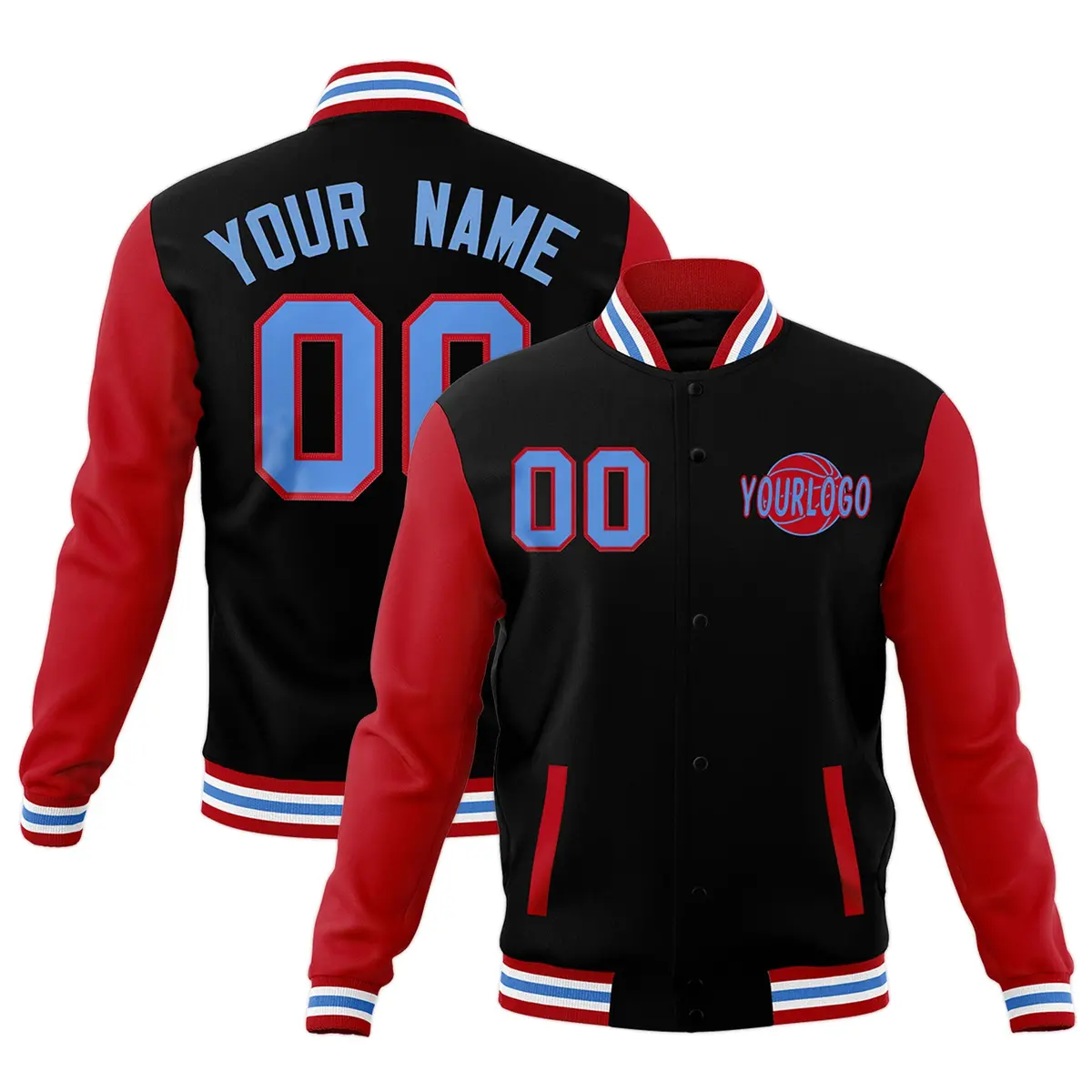 Red Black Powder Blue Raglan Sleeve Cotton Letterman Jacket