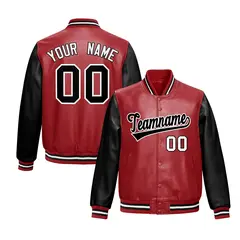 Red Black Raglan Full-Snap Varsity Faux Leather Letterman Jacket 1