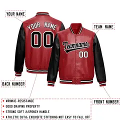 Red Black Raglan Full-Snap Varsity Faux Leather Letterman Jacket 2