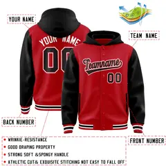 Red Black Raglan Full-Snap Varsity Letterman Hoodie Jacket 4