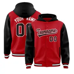 Red Black Raglan Full-Snap Varsity Letterman Hoodie Jacket