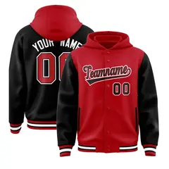 Red Black Raglan Full-Snap Varsity Letterman Hoodie Jacket