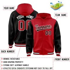 Red Black Raglan Full-Snap Varsity Letterman Hoodie Jacket 4