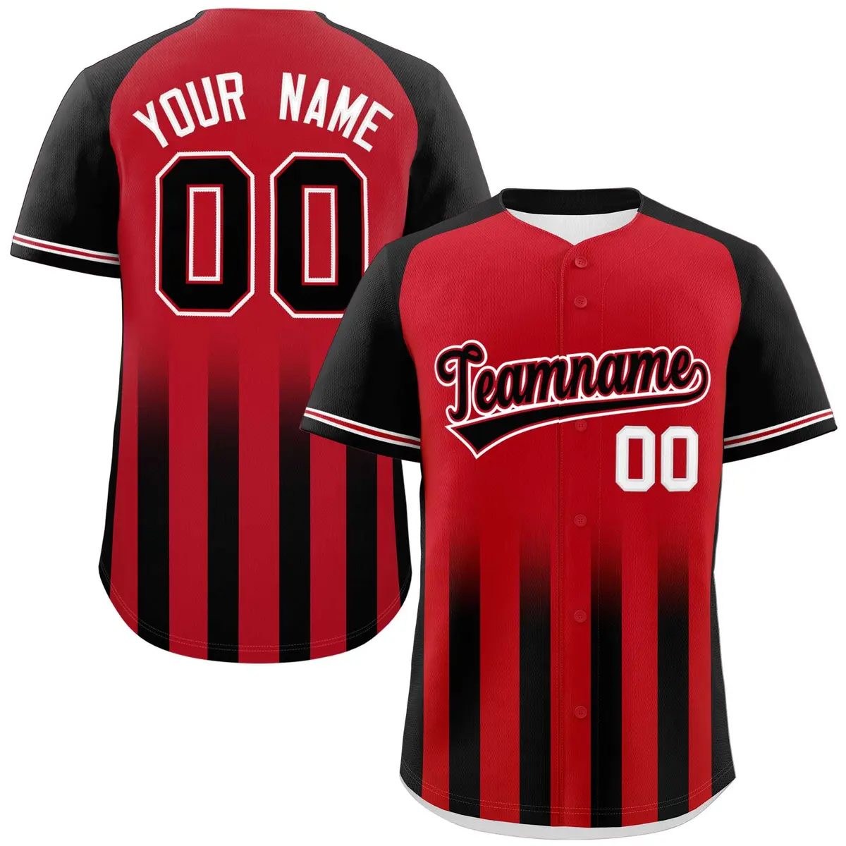 Red Black Raglan Gradient Thick Stripe Baseball Jersey