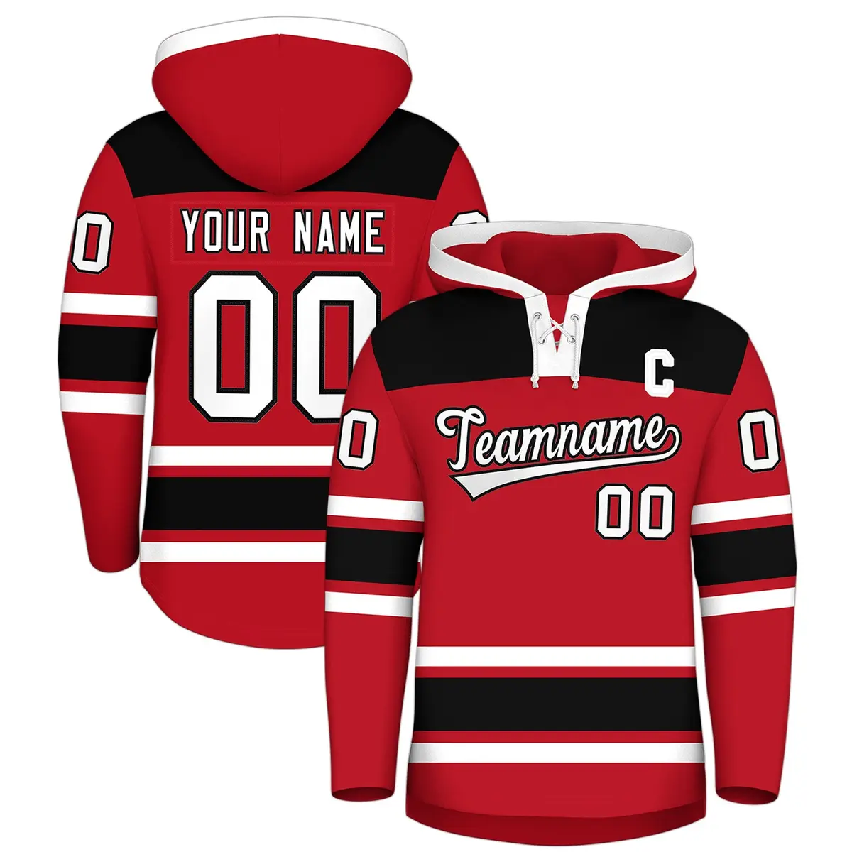 Red Black Raglan Lace-Up Neck Hockey Hoodie Jersey