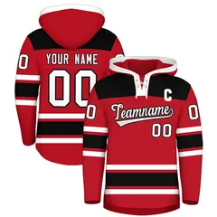 Red Black Raglan Lace-Up Neck Hockey Hoodie Jersey