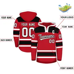 Red Black Raglan Lace-Up Neck Hockey Hoodie Jersey 2