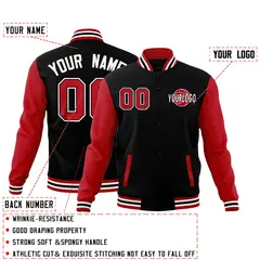Red Black Raglan Sleeve Cotton Letterman Jacket 2