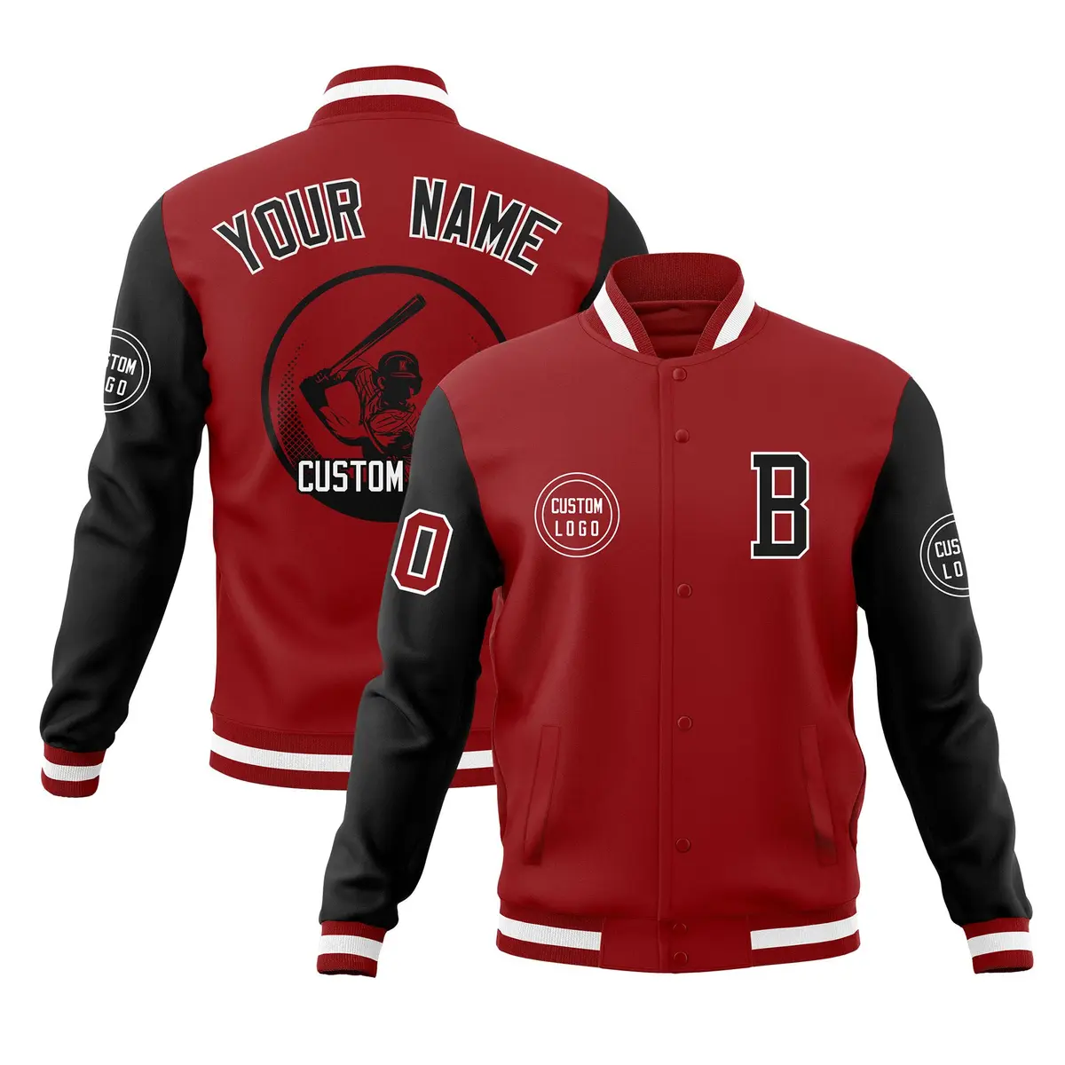 Red Black Raglan Sleeves Full-Snap Varsity Letterman Baseball Jacket