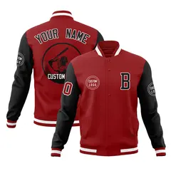 Red Black Raglan Sleeves Full-Snap Varsity Letterman Baseball Jacket 1