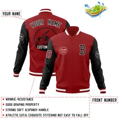 Red Black Raglan Sleeves Full-Snap Varsity Letterman Baseball Jacket 4