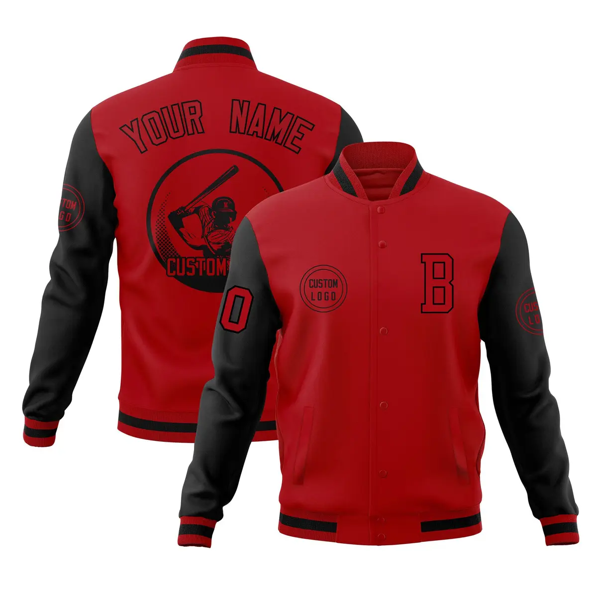 Red Black Raglan Sleeves Full-Snap Varsity Letterman Baseball Jacket