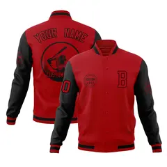 Red Black Raglan Sleeves Full-Snap Varsity Letterman Baseball Jacket 1