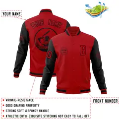 Red Black Raglan Sleeves Full-Snap Varsity Letterman Baseball Jacket 4