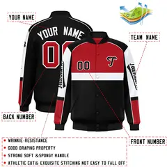 Red Black Raglan Sleeves Varsity Full-Snap Letterman Jacket 2