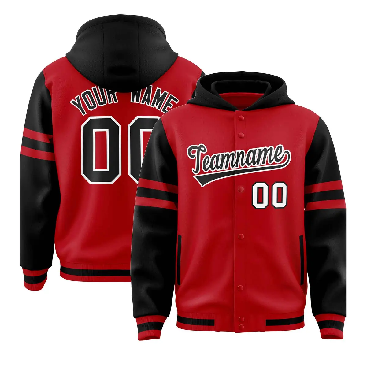 Red Black Raglan Three Stripes Varsity Letterman Jacket Hoodie