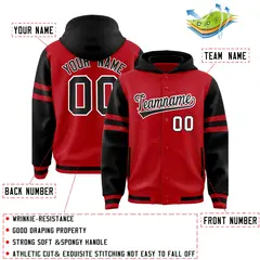 Red Black Raglan Three Stripes Varsity Letterman Jacket Hoodie 4