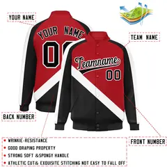 Red Black Raglan Varsity Full-Snap Letterman Baseball Jacket 2