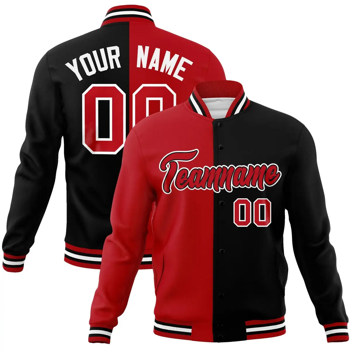 Red Black-Red Two Tone Split Varsity Full-Snap Letterman Jacket