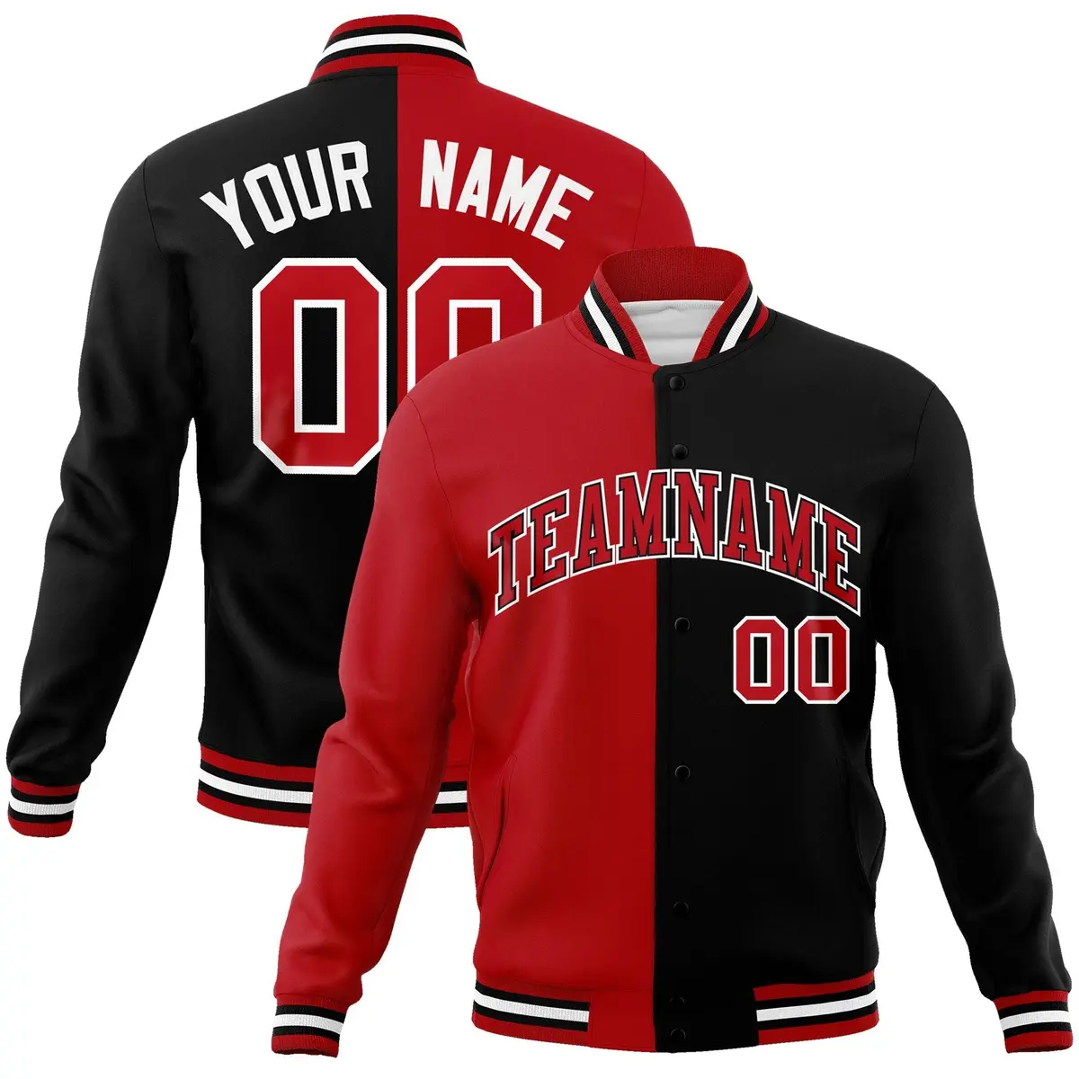 Red Black-Red Two Tone Split Varsity Full-Snap Letterman Jacket