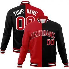 Red Black-Red Two Tone Split Varsity Full-Snap Letterman Jacket