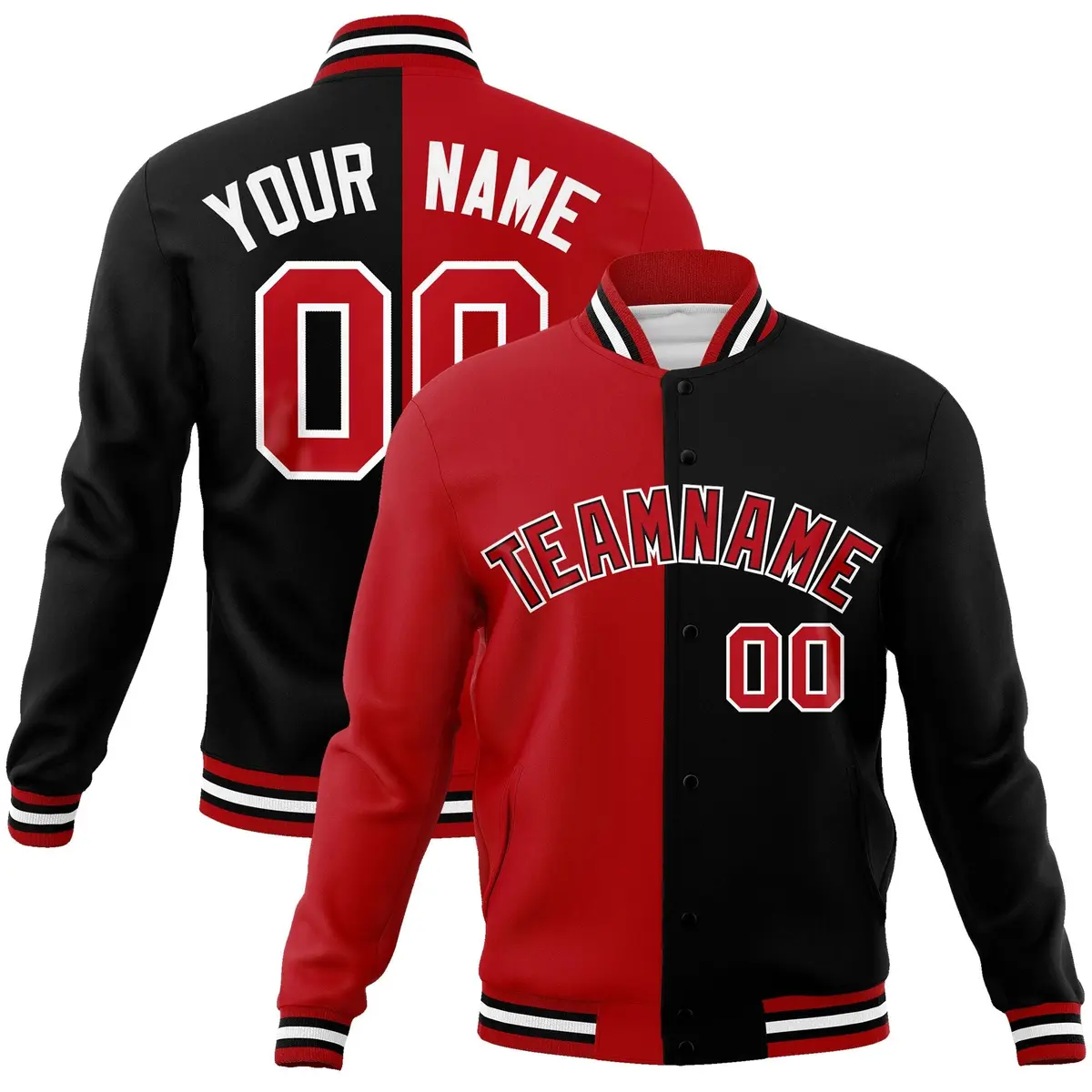Red Black-Red Two Tone Split Varsity Full-Snap Letterman Jacket