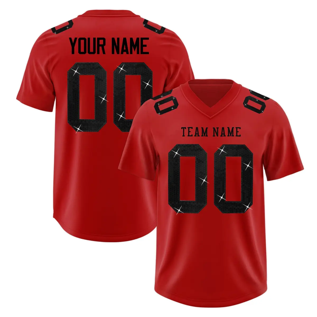 Red Black Sequin Lettering Football Jersey