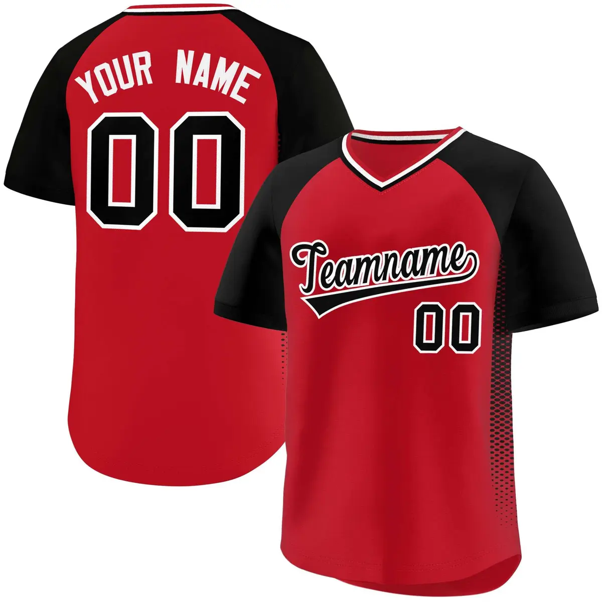 Red Black Side Spot Raglan Sleeves Pullover Baseball Jersey