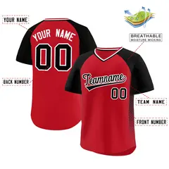 Red Black Side Spot Raglan Sleeves Pullover Baseball Jersey 2