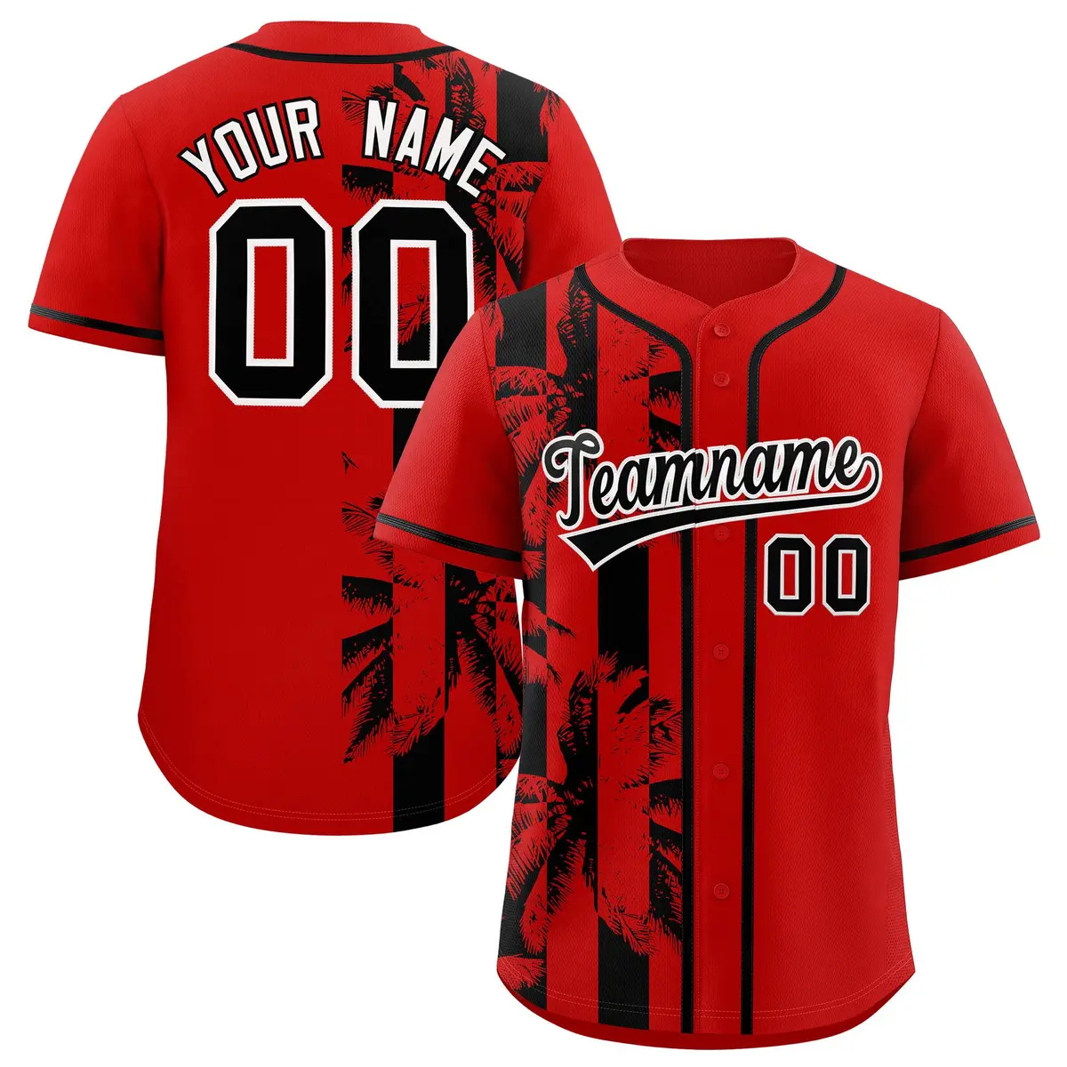 Red Black Split Coconut Tree Baseball Jersey