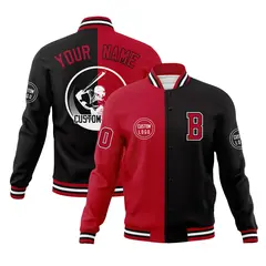Red Black Split Full-Snap Varsity Letterman Baseball Jacket