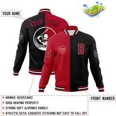 Red Black Split Full-Snap Varsity Letterman Baseball Jacket 4