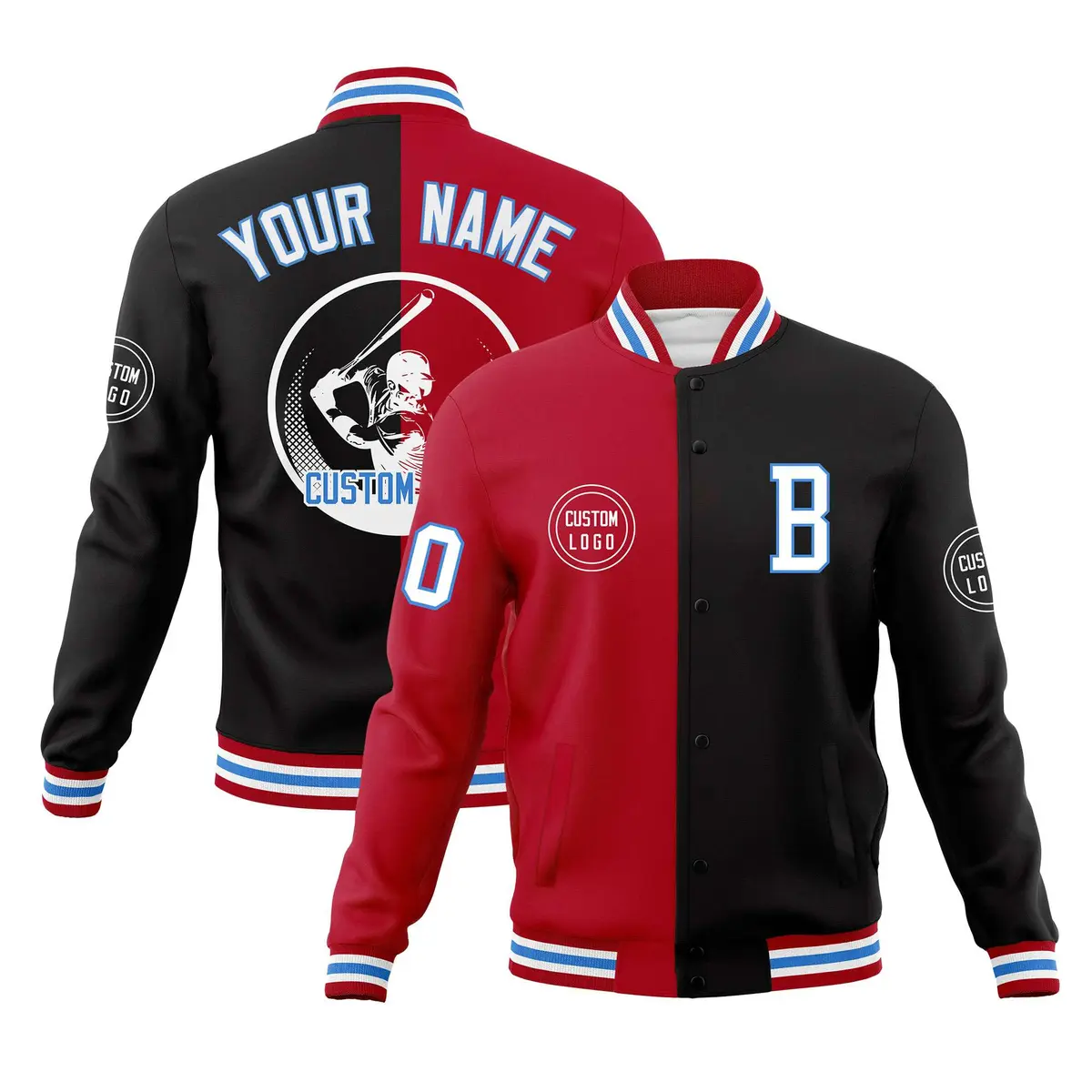 Red Black Split Full-Snap Varsity Letterman Baseball Jacket