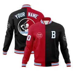Red Black Split Full-Snap Varsity Letterman Baseball Jacket