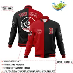 Red Black Split Full-Snap Varsity Letterman Baseball Jacket 4