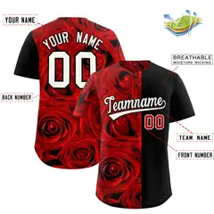 Red Black Split Rose Print Baseball Jersey 2