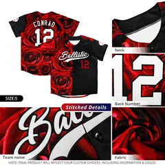 Red Black Split Rose Print Baseball Jersey 5