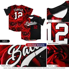 Red Black Split Rose Print Baseball Jersey 6