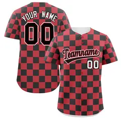 Red Black Square Grid Color Block Baseball Jersey 1