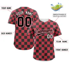 Red Black Square Grid Color Block Baseball Jersey 2